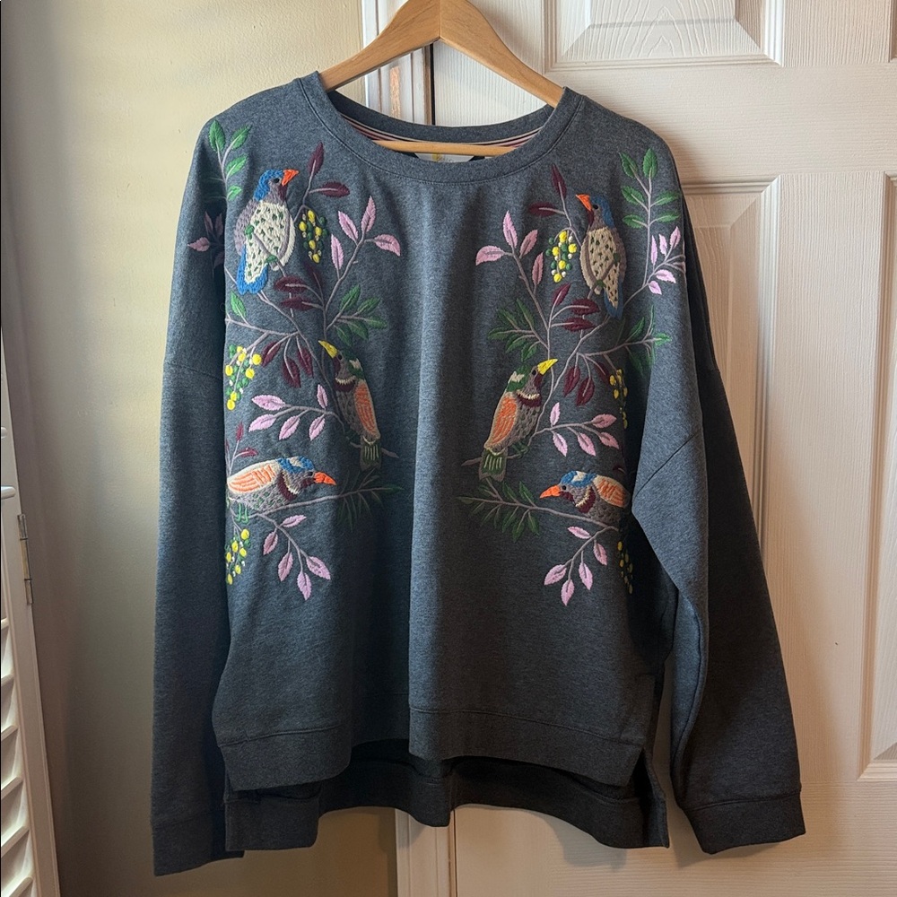 Boden Embroidered Bird Crewneck Sweater — Charcoal with Multicolor Embroidery